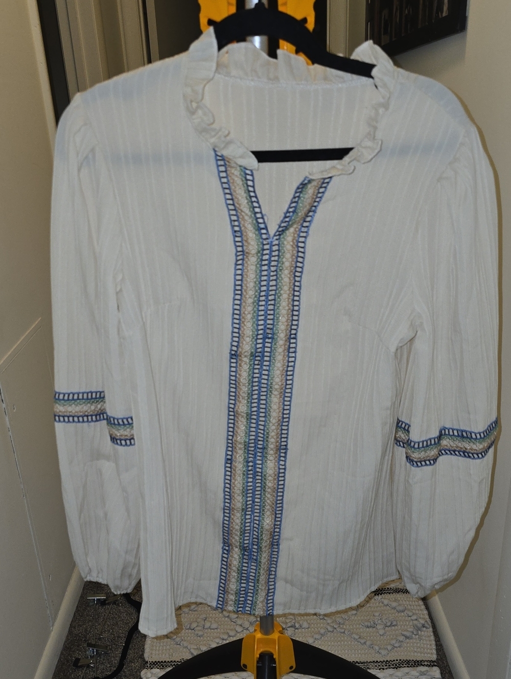White Ruffle-Neck Embroidered Peasant Blouse